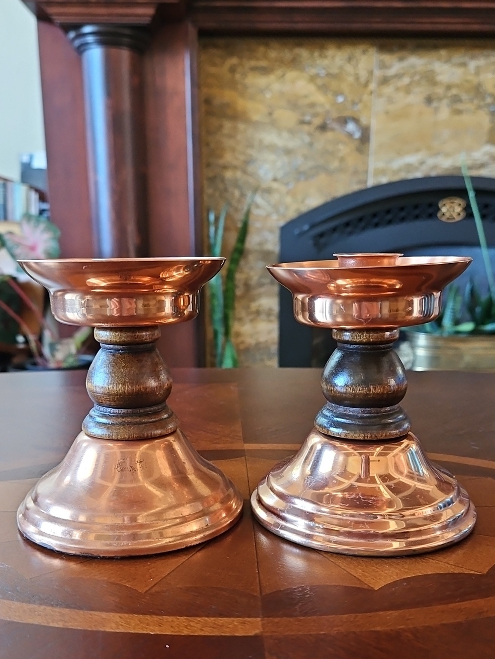 VTG Mid-Century Coppercraft Guild Copper & Wood Candle Holders - Set of 2